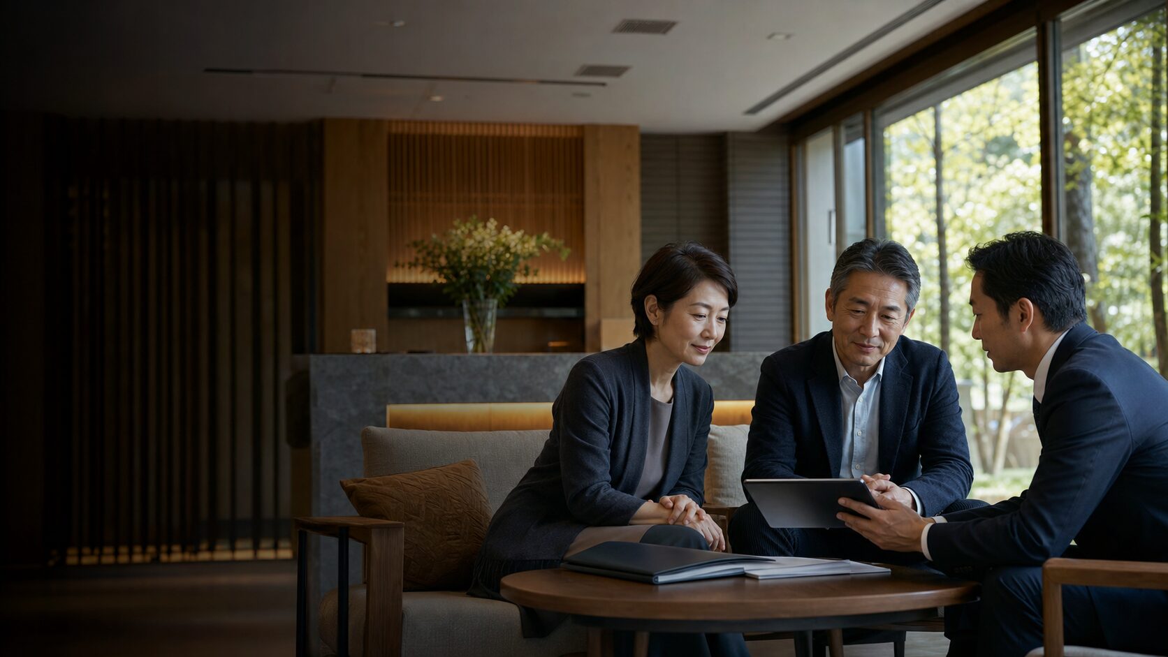 ホテルロビーで事業承継について相談する経営者とM&Aアドバイザー