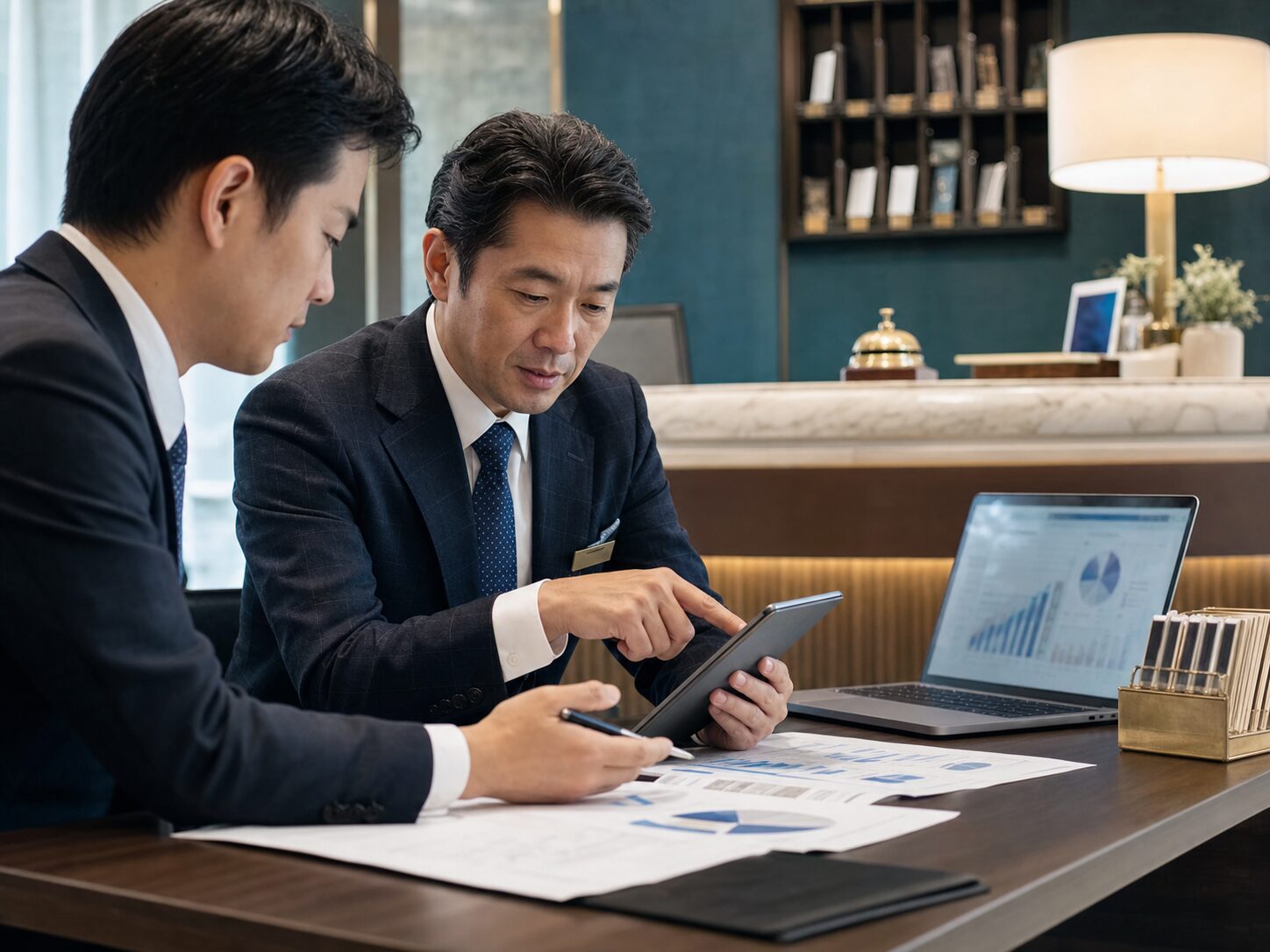 ホテルの企業価値診断について資料を確認する相談風景