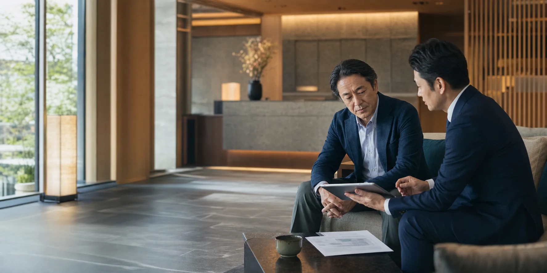 ホテルロビーでM&Aアドバイザーに相談する宿泊施設オーナー