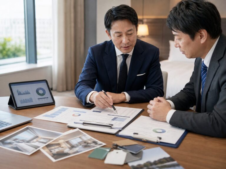 ホテルM&Aの資料整理と企業価値診断を進める担当者とアドバイザー