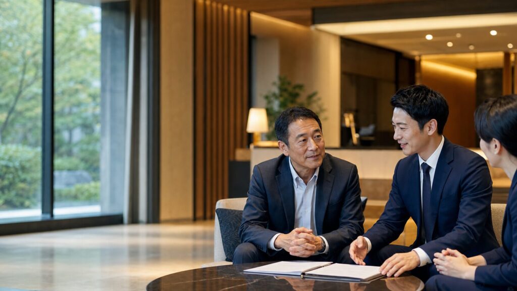 ホテルラウンジでM&A・事業承継について相談する経営者とアドバイザー