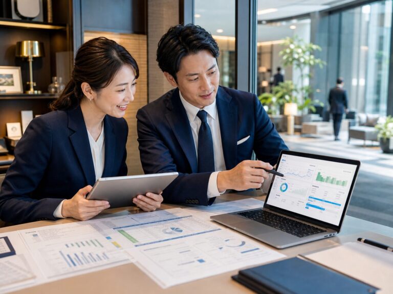 ホテル運営指標を確認しながらM&A準備を進める担当者とアドバイザー