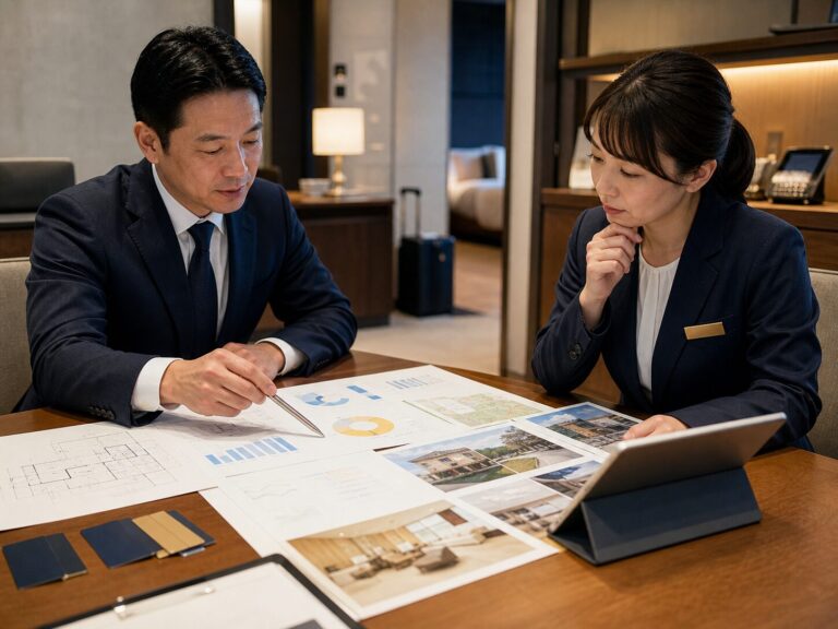 ホテルM&Aの価値診断資料を確認するアドバイザーとホテル担当者