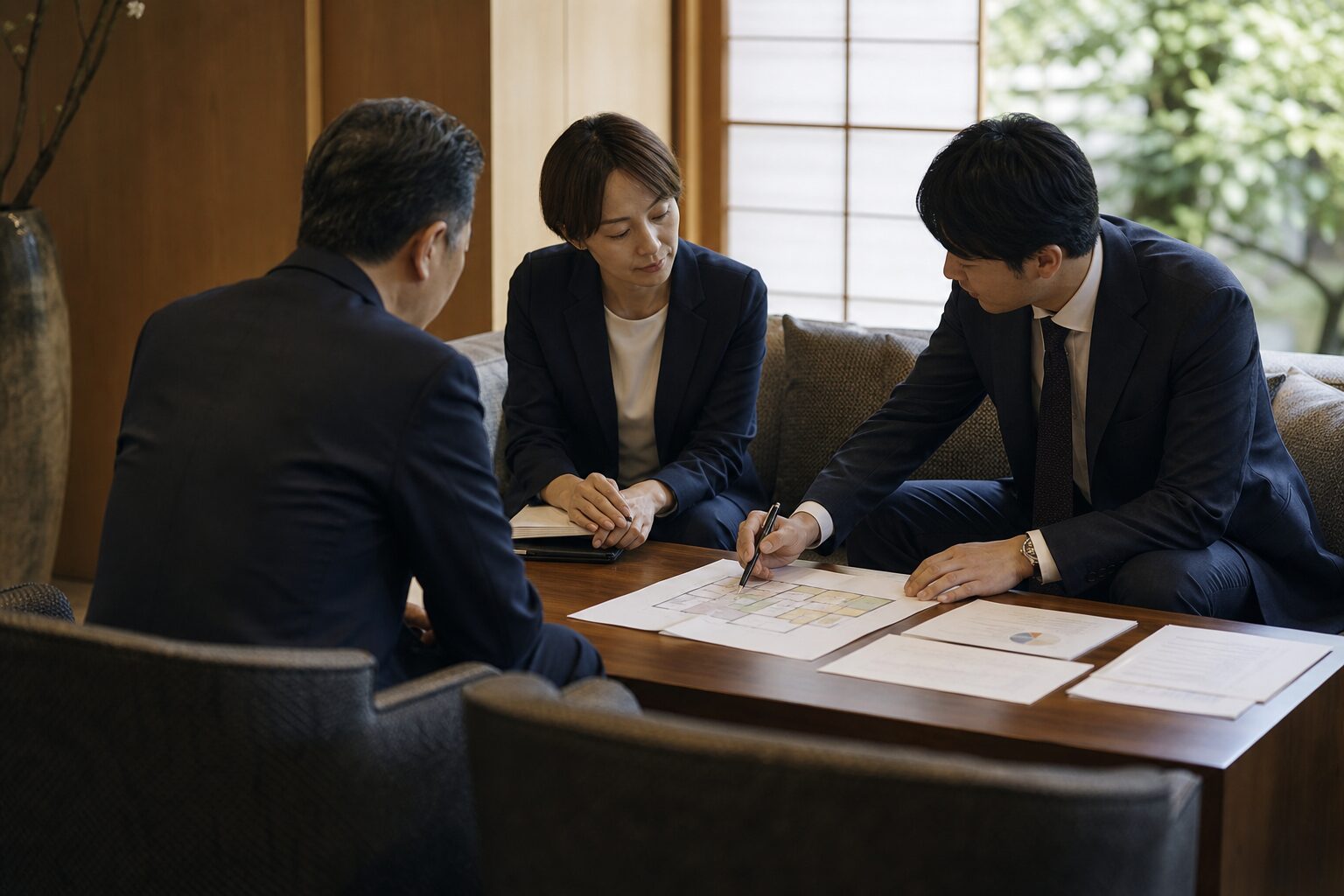 ホテルの事業承継について相談する経営者とM&Aアドバイザー